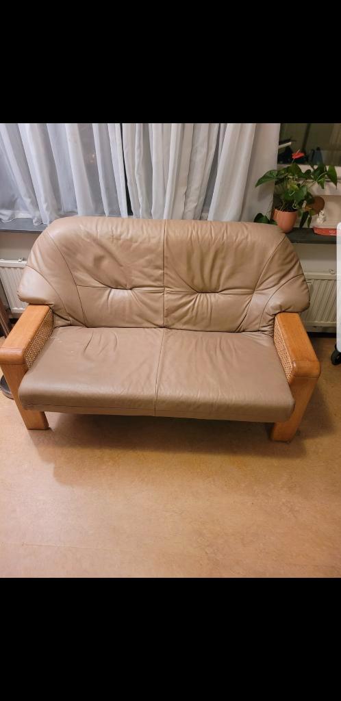 Bankstel, Huis en Inrichting, Banken | Bankstellen, Gebruikt, Rechte bank, Tweepersoons, 75 tot 100 cm, Hout, Leer, Ophalen