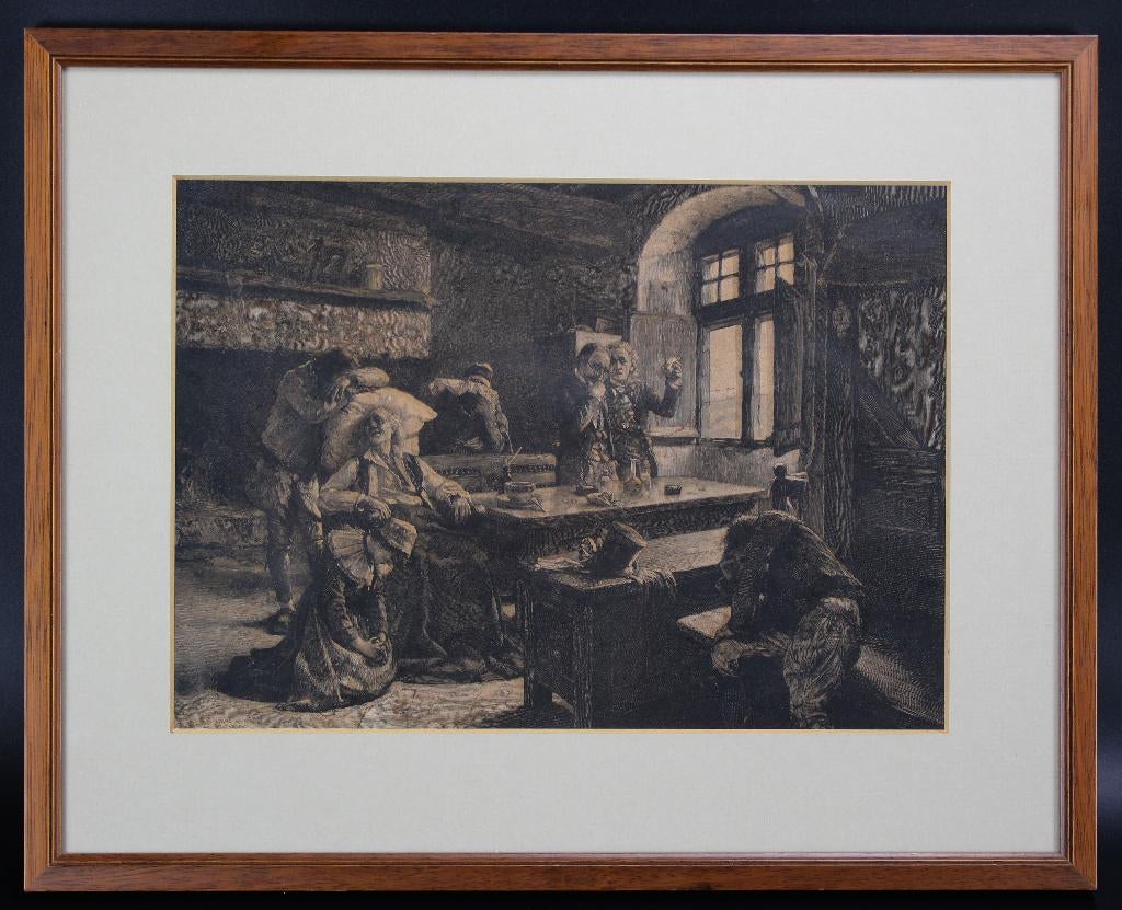 Antiek gravure ingelijst achter glas schilderij ets tekening, Ophalen