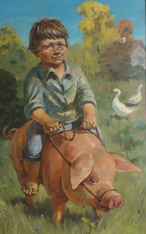 VARKENTJE SPEELT MET JONGETJE🐷DIER OP DE BOERDERIJ>BIGGETJE, Antiek en Kunst, Kunst | Schilderijen | Klassiek, Ophalen of Verzenden