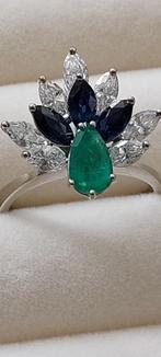 Witgouden ring met smaragd, saffier en diamant, Sieraden, Tassen en Uiterlijk, Ringen, Wit, Ophalen of Verzenden, Met edelsteen