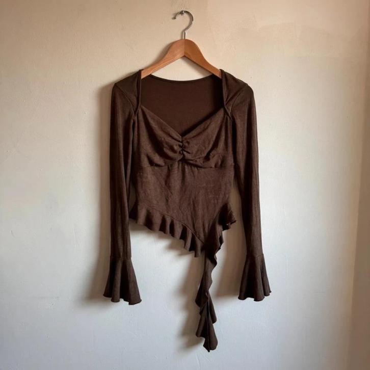 Brown Boho Flared Assymetrical Top Longsleeve Lange Mouwen, Kleding | Dames, Tops, Zo goed als nieuw, Maat 36 (S), Bruin, Zonder mouw