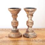 Set van 2 Rustieke Houten Kandelaars met een Verweerde Look, Gebruikt, Crème, Ophalen of Verzenden, Hout