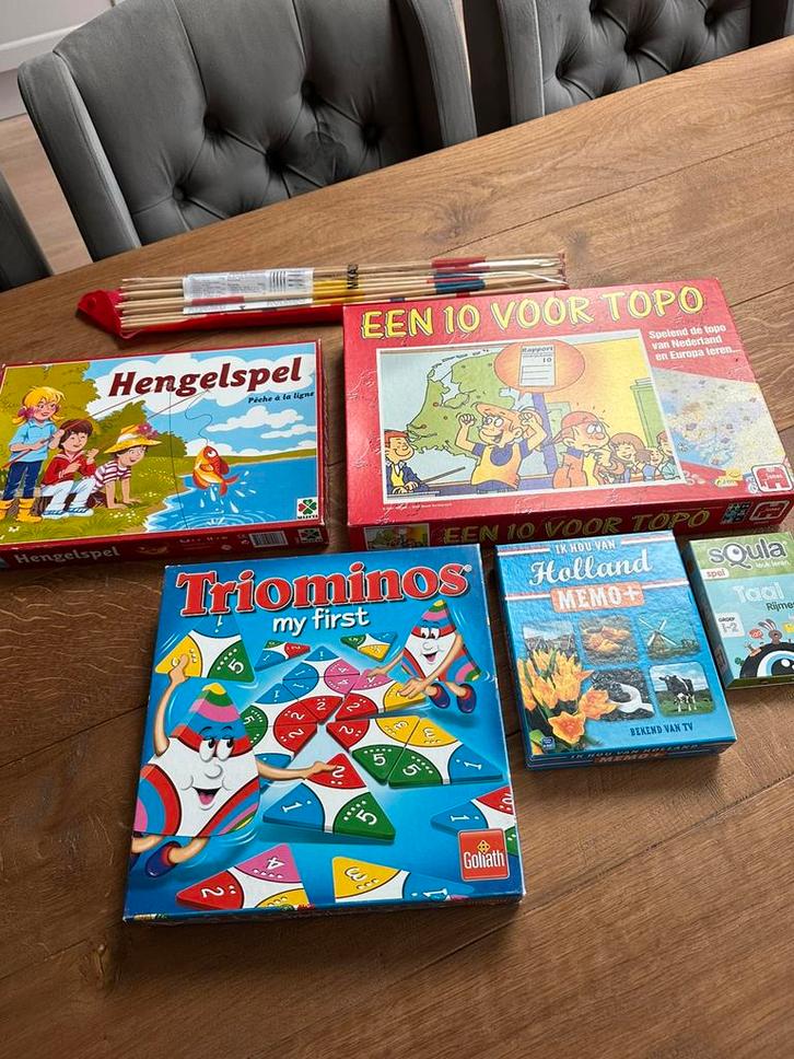 Spellen: o.a. groot Mikado, my first Triominos, hengelspel, Hobby en Vrije tijd, Gezelschapsspellen | Bordspellen, Gebruikt, Ophalen of Verzenden
