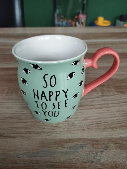 Mok So happy to see you oogjes Hema, Huis en Inrichting, Keuken | Servies, Zo goed als nieuw, Kop(pen) en/of Schotel(s), Overige stijlen