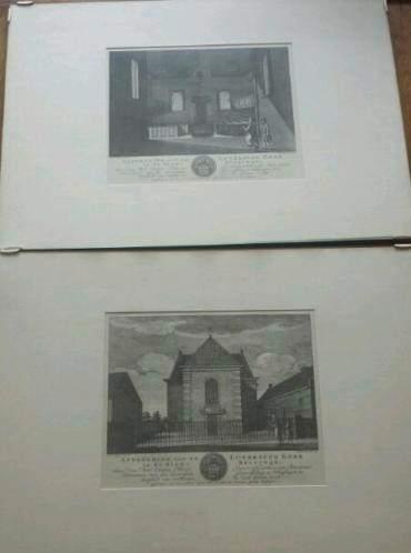 2 x oude gravures lutherse kerk Beverwijk. ex en interieur., Antiek en Kunst, Kunst | Etsen en Gravures, Ophalen