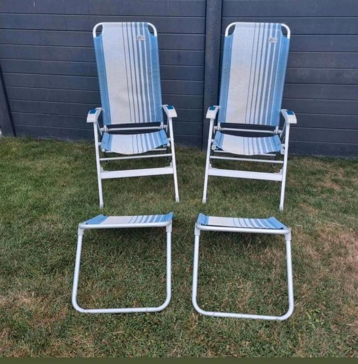 2 Bardani Strandstoelen + Voetenbankjes, Tuin en Terras, Ligbedden, Gebruikt, Aluminium, Inklapbaar, Verstelbaar, Ophalen