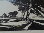 Linosnede Berkenland, landschap J. Fred Stips 1932,, Antiek en Kunst, Verzenden