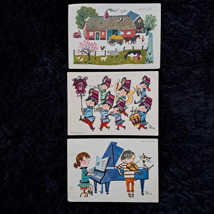 Oude ansichtkaarten ' Voor het kind' - muziek/boerderij '60, Verzamelen, Ansichtkaarten | Themakaarten, 1960 tot 1980, Muziek