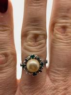 A437 Prachtige zilveren ring parel blauwe saffier maat 17, Sieraden, Tassen en Uiterlijk, Antieke sieraden, Ophalen of Verzenden