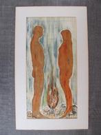 Naakte man en vrouw bij vuurkamp - wie herkent Kunstenaar?, Antiek en Kunst, Kunst | Schilderijen | Modern, Ophalen of Verzenden