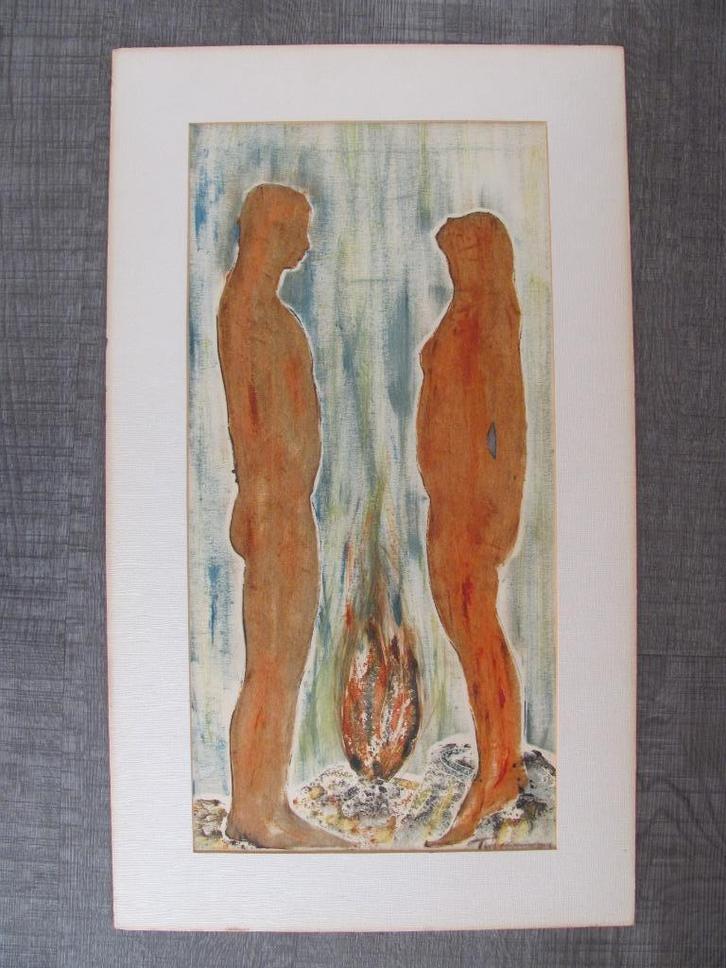 Naakte man en vrouw bij vuurkamp - wie herkent Kunstenaar?, Antiek en Kunst, Kunst | Schilderijen | Modern, Ophalen of Verzenden