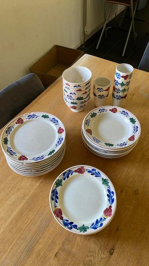 Boerenbont dinerbord, diep bord, ontbijtbord, soepkom en mok, Huis en Inrichting, Keuken | Servies, Gebruikt, Bord(en), Boerenbont