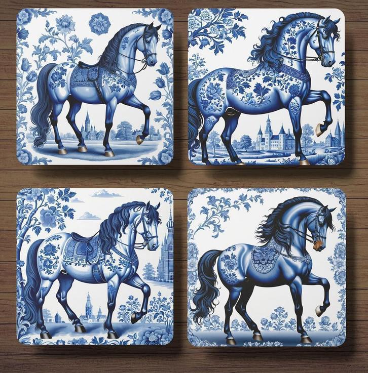 Paarden Delfts Blauw onderzetters met houder, Huis en Inrichting, Woonaccessoires | Onderzetters, Nieuw, Glas of Kopje, Ophalen of Verzenden