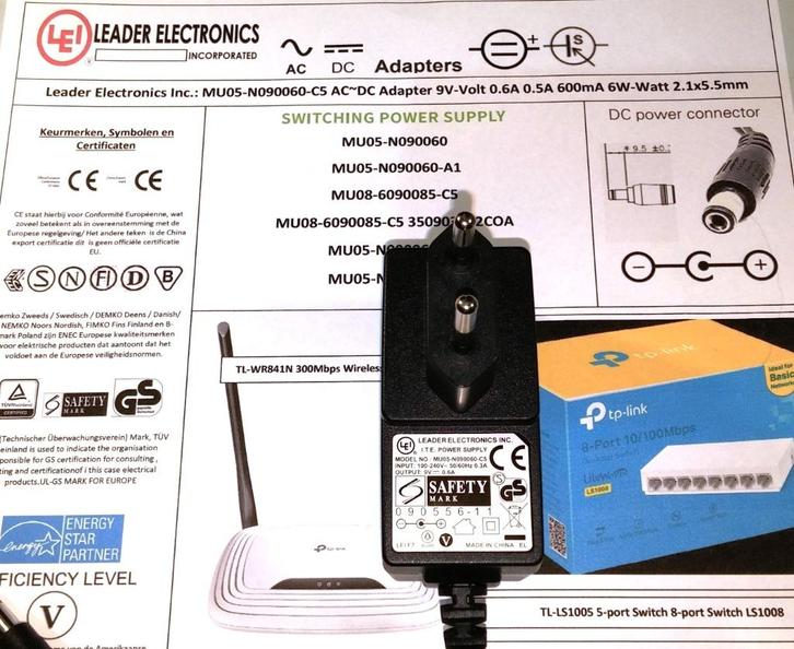 Leader TP-Link MU05-N090060-C5 9V 0.6A 6W AC Adapter Oplader, Computers en Software, Pc- en Netwerkkabels, Zo goed als nieuw, Ophalen of Verzenden