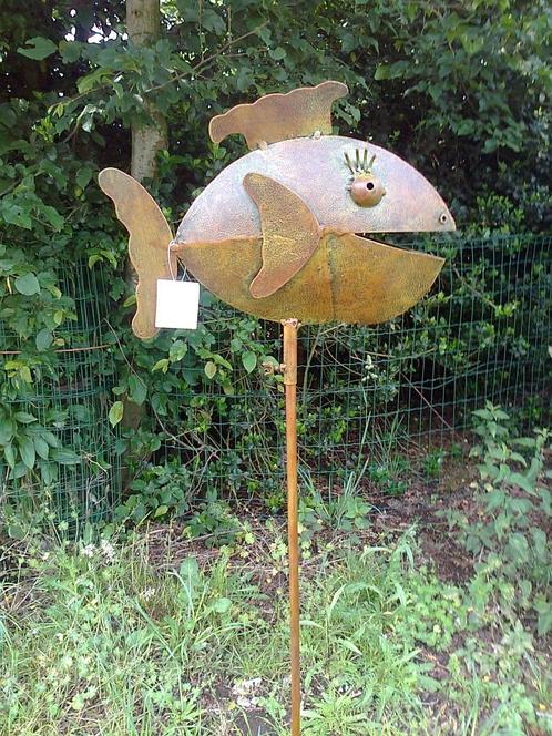 Mooie, grote Vis tuinsteker, tuinprikker, bruin groen, Tuin en Terras, Tuinbeelden, Nieuw, Dierenbeeld, Metaal, Ophalen of Verzenden