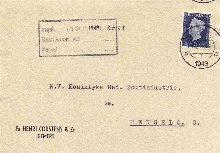 Fa Henri Corstens + Zn, Gemert - 09.1949 - plikart, Postzegels en Munten, Brieven en Enveloppen | Nederland, Briefkaart, Ophalen of Verzenden