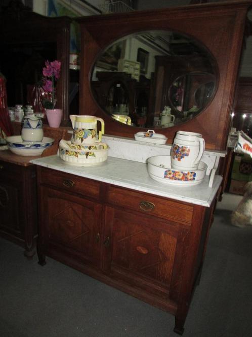 antieke eiken commode kaptafel marmer blad spiegel 250,00, Huis en Inrichting, Tafels | Kaptafels, Zo goed als nieuw, 200 cm of meer