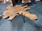 Unieke teak hout salontafel, gaten gevuld met epoxy zwart., Industrieel suar interieur, Info@industrieel-suar-interieur.nl, 100 tot 150 cm