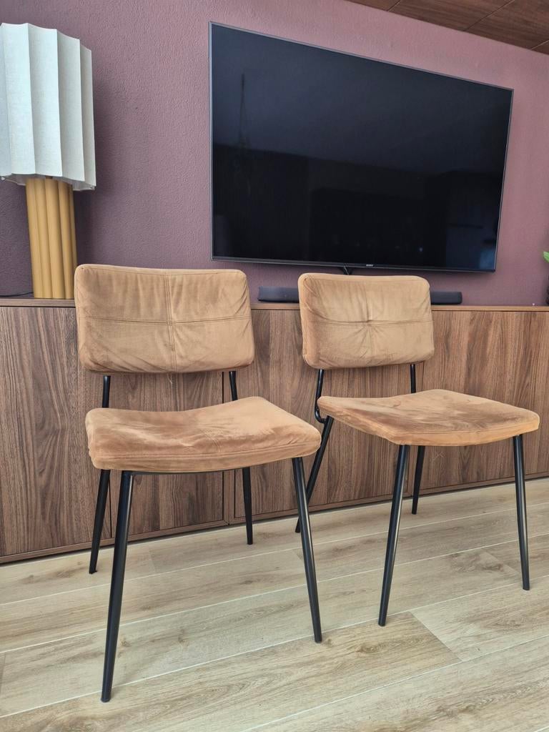 2 bruin/gele fluwelen stoelen te koop, Ophalen, Gebruikt, Overige kleuren, Twee