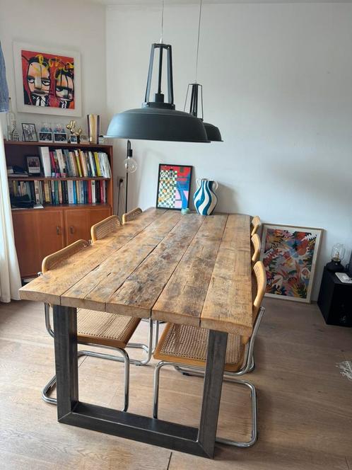 Industriële eettafel van massief hout en metaal, Huis en Inrichting, Tafels | Eettafels, Gebruikt, 50 tot 100 cm, 200 cm of meer