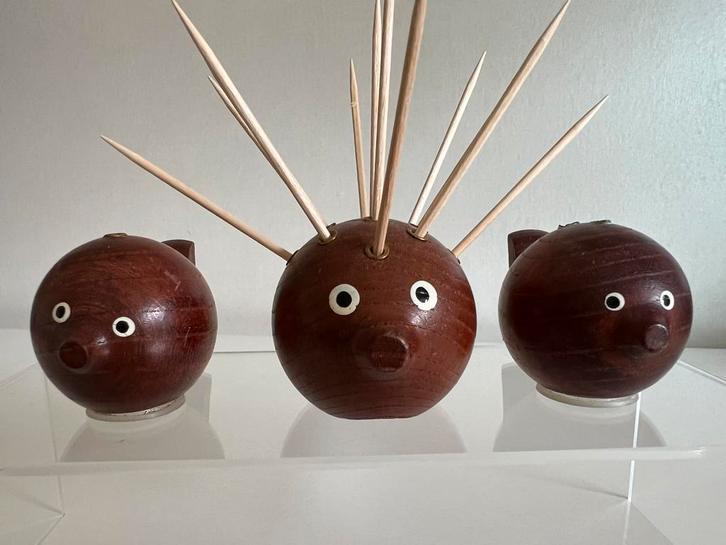 Vintage 3 Deens Kogelvis Teakhout Peper Zout Tandenstoker, Antiek en Kunst, Kunst | Designobjecten, Ophalen of Verzenden