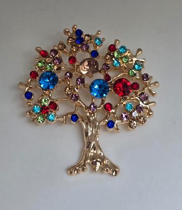 Leuke Levensboom Broche met Kleurrijke Steentjes beschikbaar voor biedingen