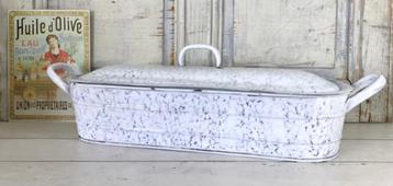 Grote Franse geëmailleerde vintage vispan wit blauw gewolkt beschikbaar voor biedingen