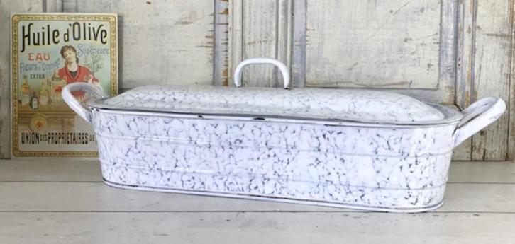 Grote Franse geëmailleerde vintage vispan wit blauw gewolkt, Antiek en Kunst, Antiek | Emaille, Ophalen of Verzenden