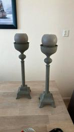 Metalen zware taupe kleur staande kandelaars, Ophalen of Verzenden