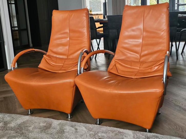 2 Leren Fauteuils met RVS Frame, Huis en Inrichting, Fauteuils, 50 tot 75 cm, 75 tot 100 cm, Ophalen