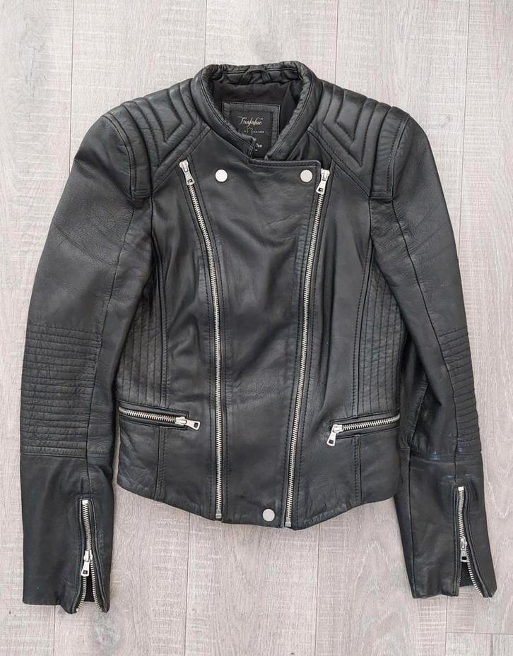 Zara Trafaluc black leather biker jacket M, Kleding | Dames, Jassen | Winter, Gedragen, Maat 38/40 (M), Zwart, Ophalen of Verzenden