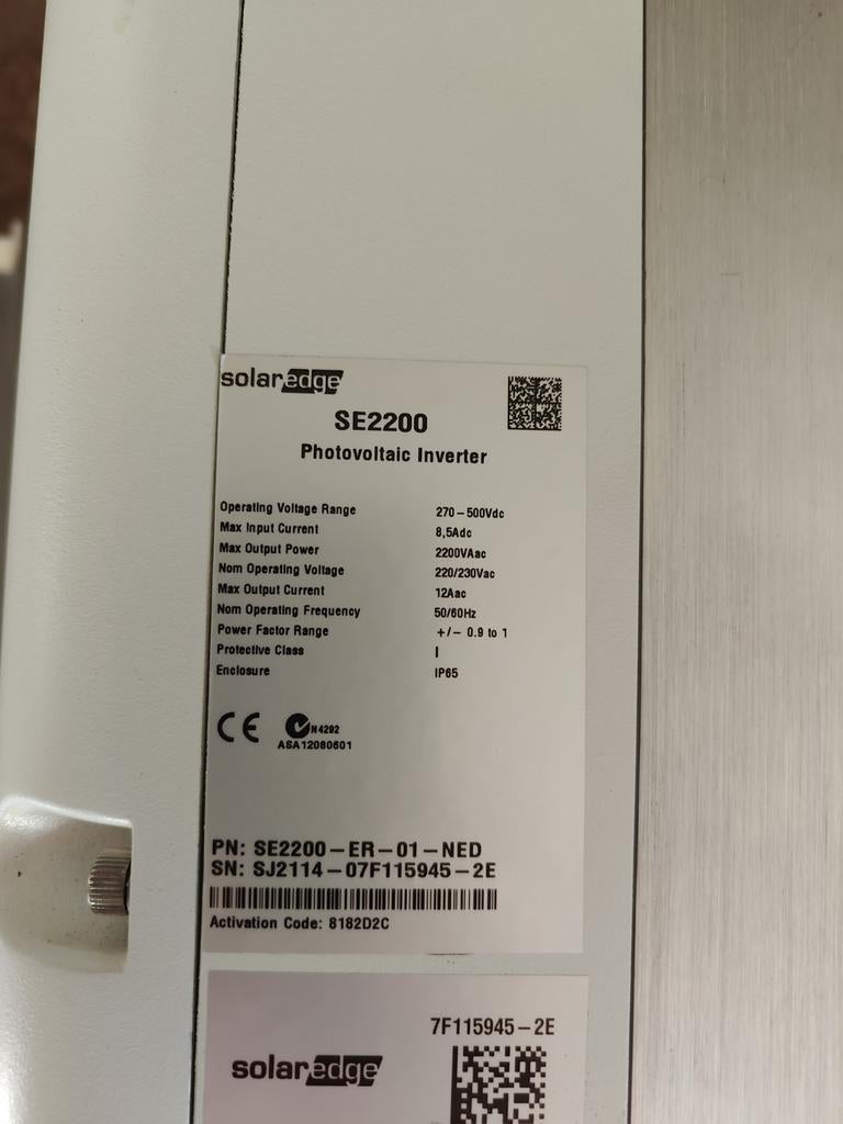 SolarEdge SE2200 Omvormer - Dubbele Ingang, Ophalen of Verzenden, Gebruikt, Compleet systeem, 200 wattpiek of meer