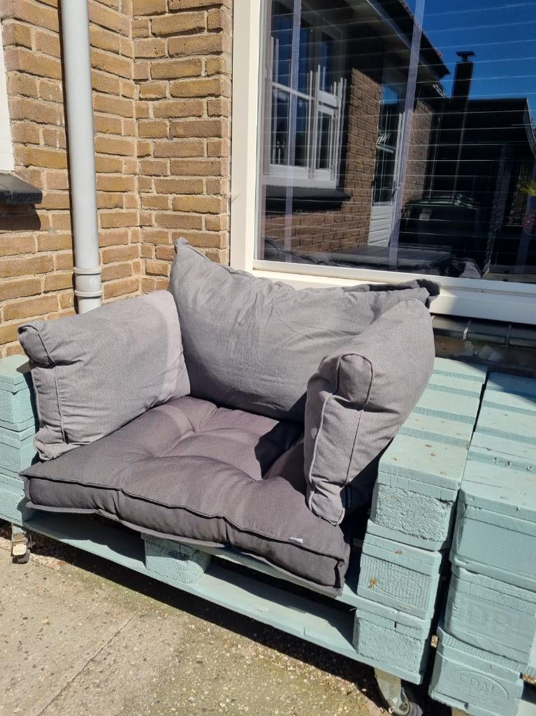 Pallet loungeset met kussens – verrijdbaar, Tuin en Terras, Ophalen, Gebruikt, Hout