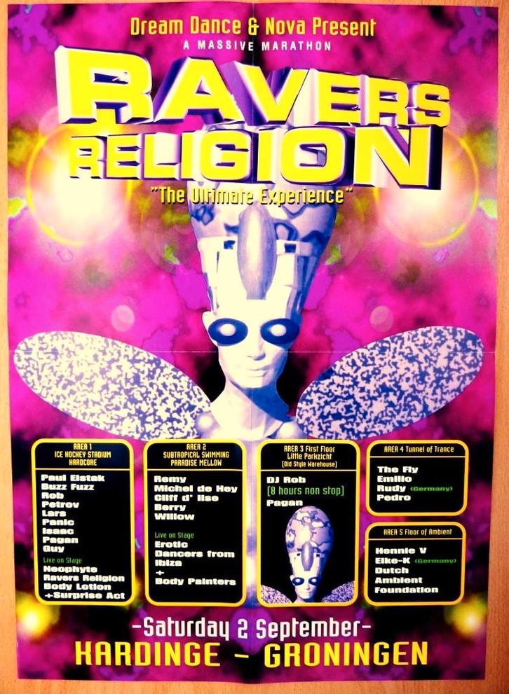 POSTER - "Ravers Religion - The Ultimate Experience" flyer, Verzamelen, Posters, Zo goed als nieuw, Muziek, A1 t/m A3, Rechthoekig Staand