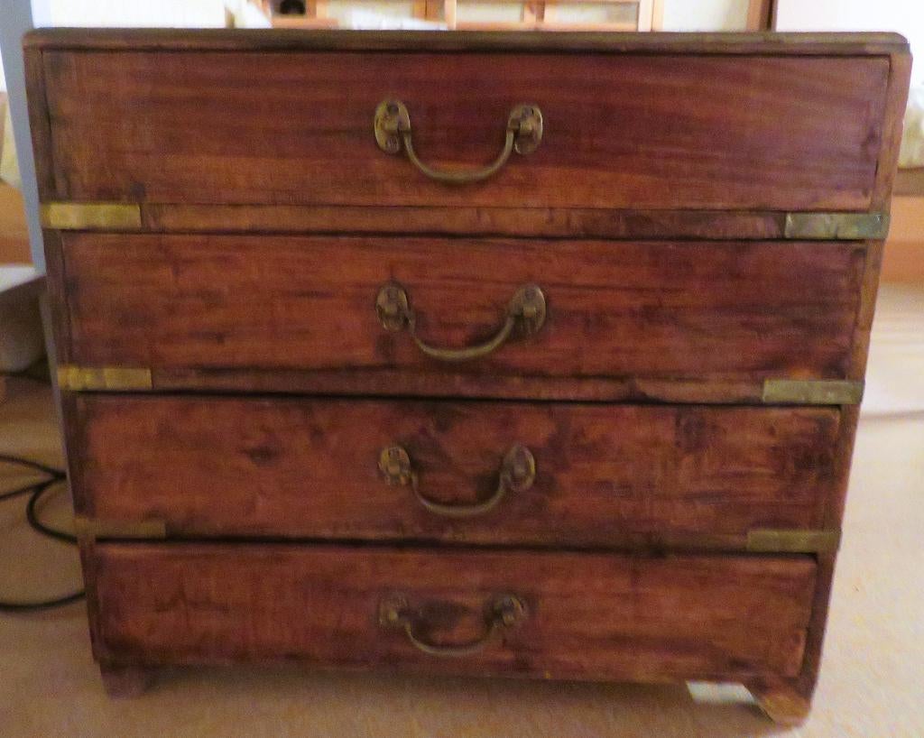 2x Antieke Oosterse ladekastjes – hout met koper beslag, Ophalen, Gebruikt, 50 tot 100 cm, 3 of 4 laden