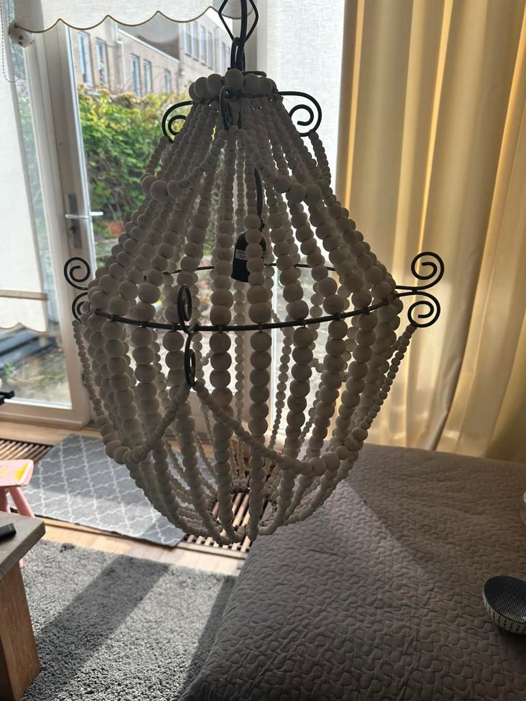 Landelijke hanglamp met geregen houten kralen kap, Ophalen, Zo goed als nieuw