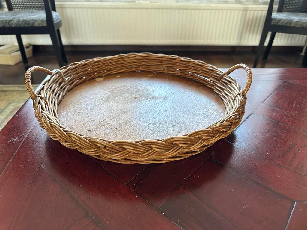 Vintage rieten of rotan dienblad, Ophalen of Verzenden, Gebruikt, Rond, Overige materialen