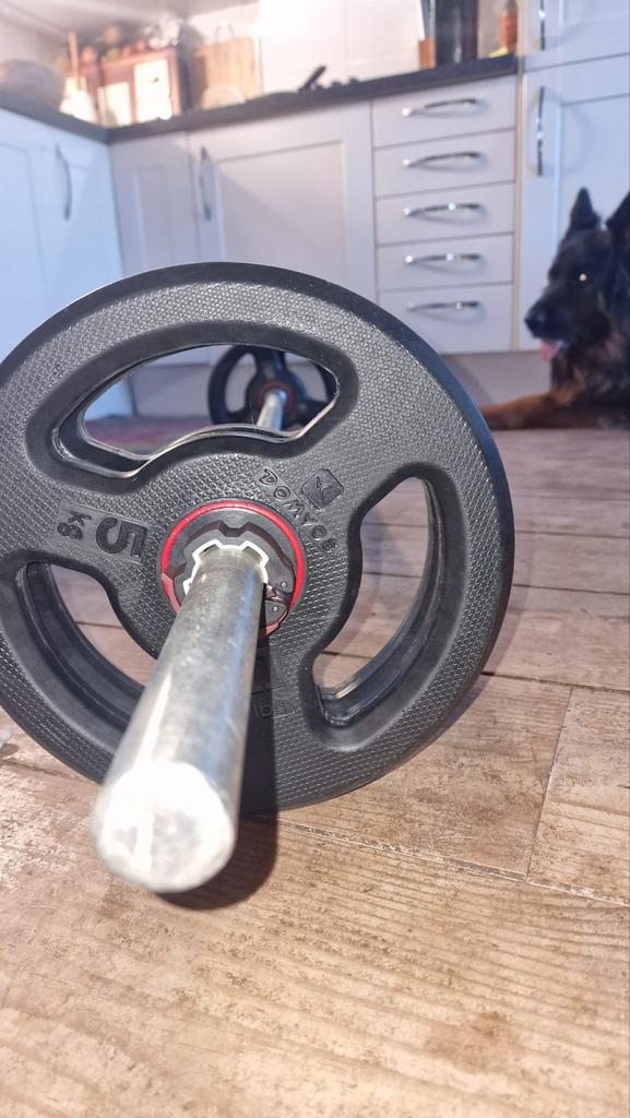 Sportattributen: boxbal, halterset en fitnessbank, Ophalen, Gebruikt, Armen, Halterset