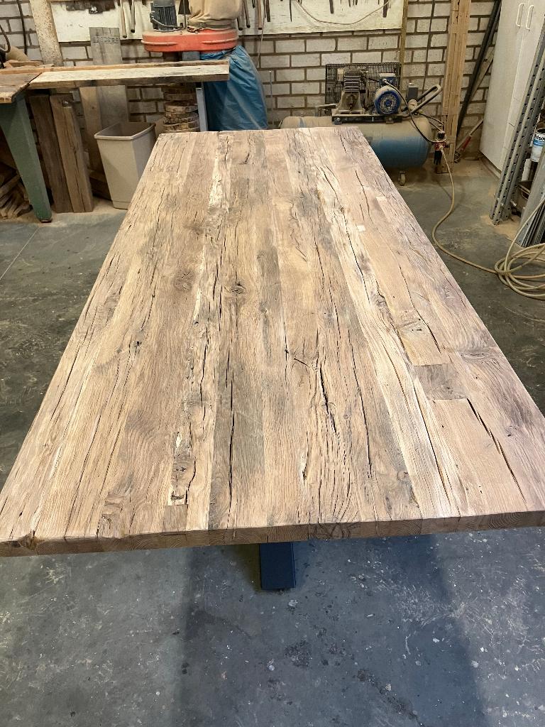 opruiming! oud eiken tafel 240 cm met matrixpoot  XL 180 cm, 50 tot 100 cm, Vijf personen of meer, Eikenhout, Rechthoekig