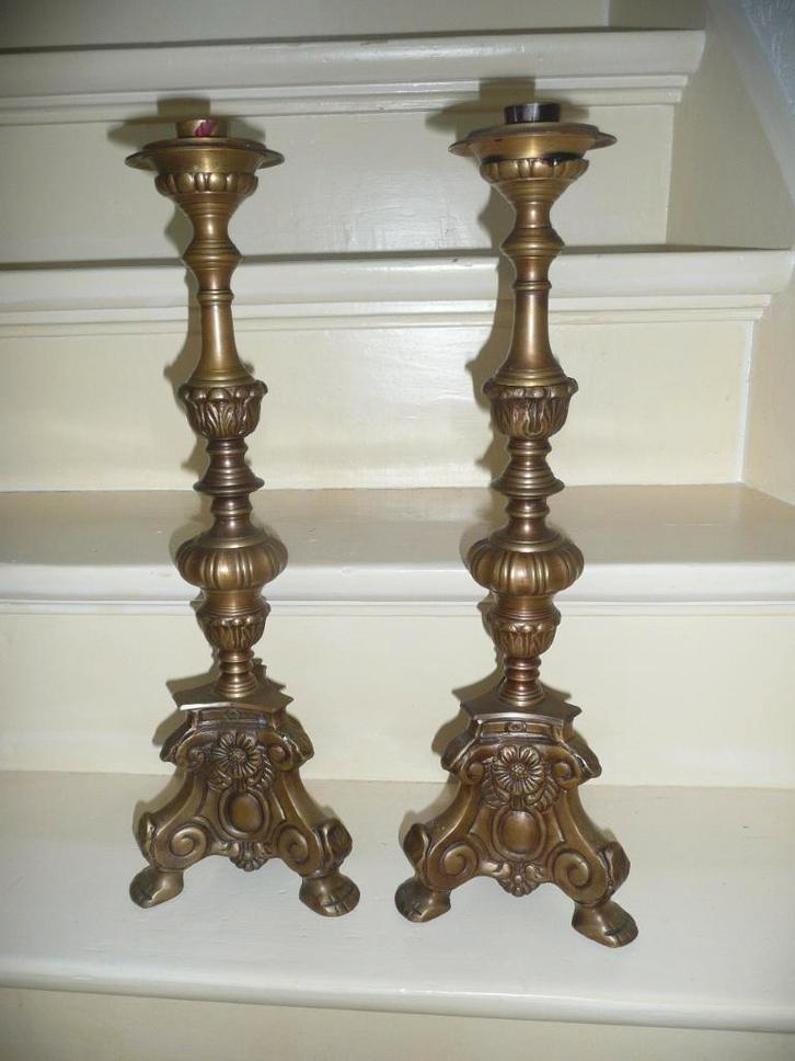 Twee koperen kandelaars, Antiek en Kunst, Antiek | Kandelaars, Koper of Brons, Ophalen of Verzenden