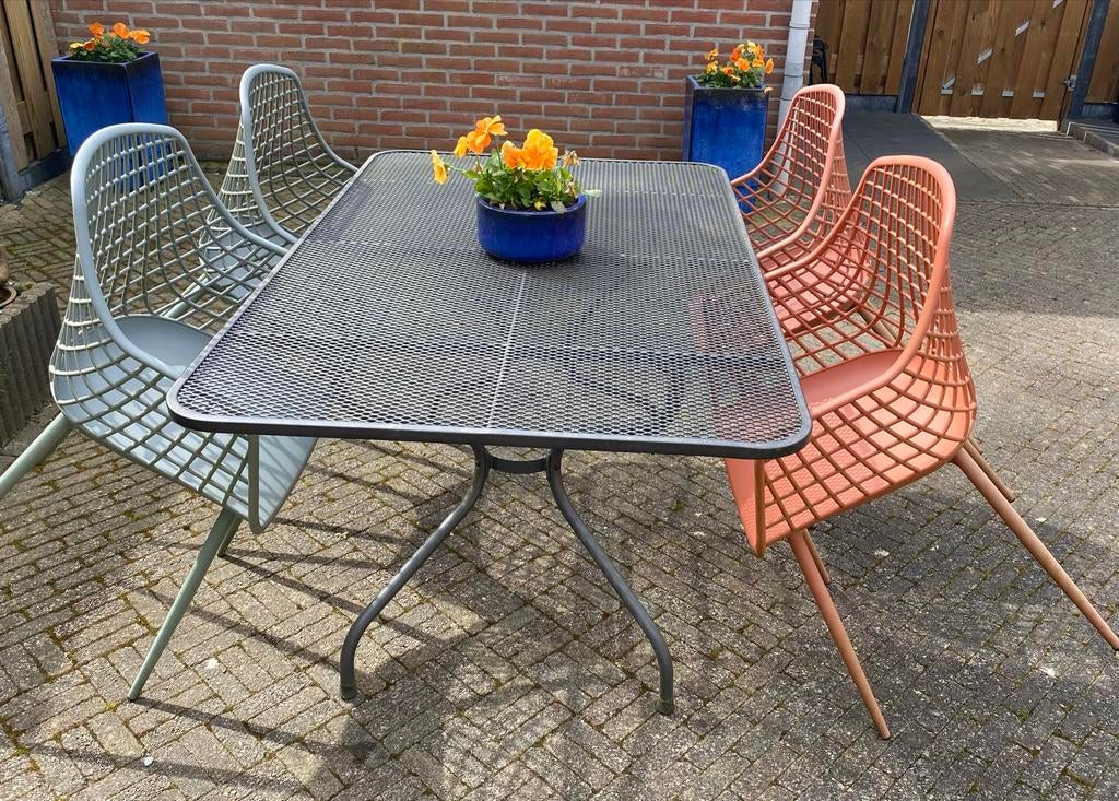 Vier Webbing kuipstoelen: 2 bruin, 2 groen, incl. kussens, Ophalen, Kunststof, Gebruikt, Overige kleuren