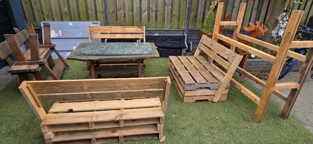 Drie houten tuinbanken van pallets, Tuin en Terras, Ophalen, Hout