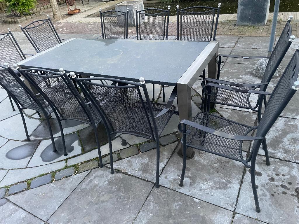 Tuintafel en stoelen, Tuin en Terras, Tuinsets en Loungesets, Ophalen, Gebruikt, Meer dan 8 zitplaatsen, Rvs