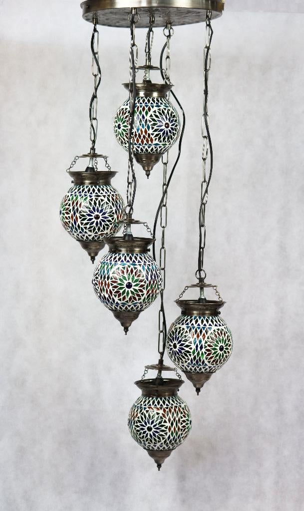 Oosterse mozaïek met 5x hanglamp, Huis en Inrichting, Lampen | Hanglampen, Ophalen of Verzenden, Gebruikt, Glas, 75 cm of meer