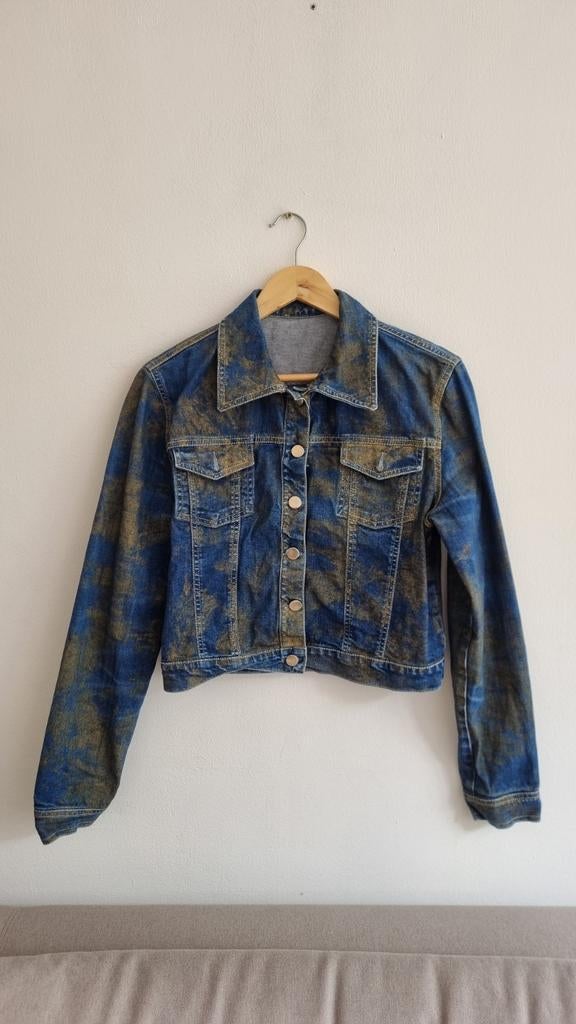 Korte spijkerjas met unieke verfspatten, Blauw, Ophalen of Verzenden, Maat 36 (S), Onbekend