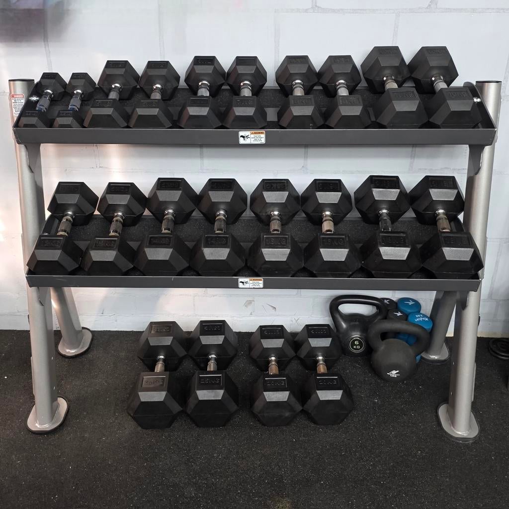 Tuffstuff Evolution USA Dumbell rek + Dumbells set 2.5-25kg., Ophalen, Zo goed als nieuw, Rug, Dumbbell