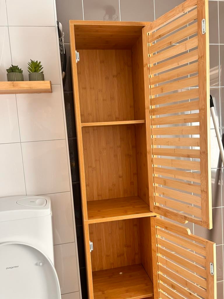 Lange badkamerkast badkamer meubel hout look, (Half)hoge kast, Minder dan 50 cm, Ophalen of Verzenden, Zo goed als nieuw