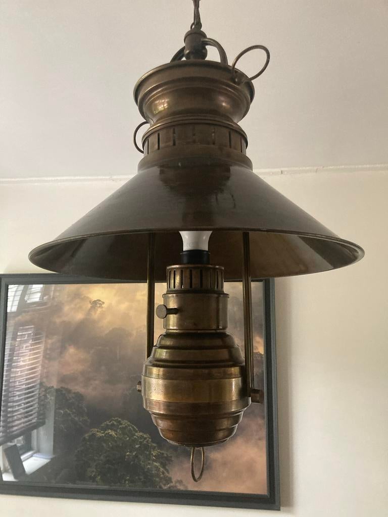 Vintage messing Hanglamp, Ophalen, Gebruikt, 50 tot 75 cm, Metaal