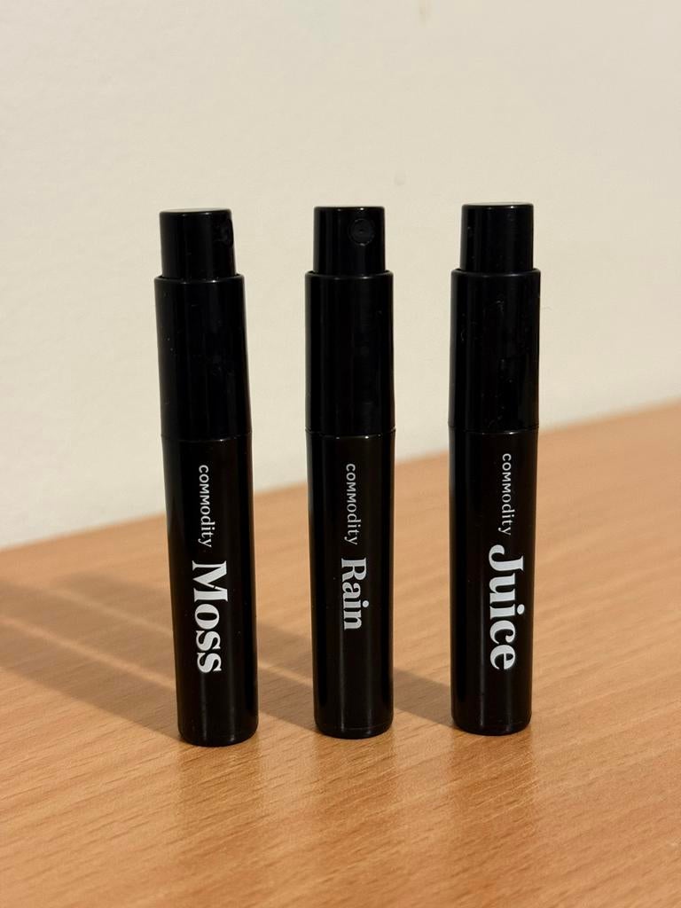 Commodity samples 3x2ml (Moss, Rain, Juice), Sieraden, Tassen en Uiterlijk, Uiterlijk | Parfum, Ophalen of Verzenden, Gebruikt