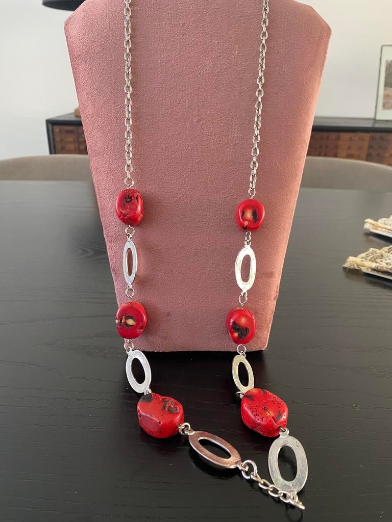 Bamboe koraal ketting - 90 cm, Sieraden, Tassen en Uiterlijk, Kettingen, Ophalen of Verzenden, Zo goed als nieuw, Rood, Steen of Mineraal